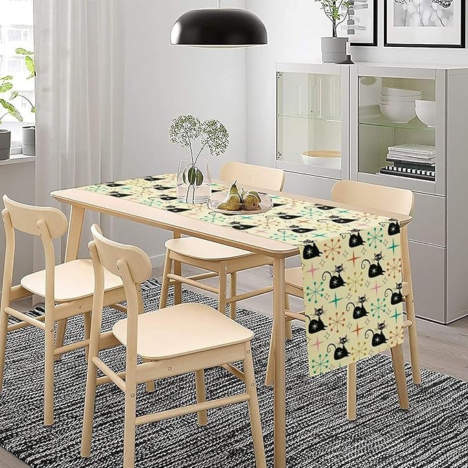 Mid Cat Table Runner, Vintage Black Cat and Atomic Stars 1950s 1960s Abstract Geometric Space Pattern Table Decoration for Home Kitchen Restaurant 13x120 Inches
