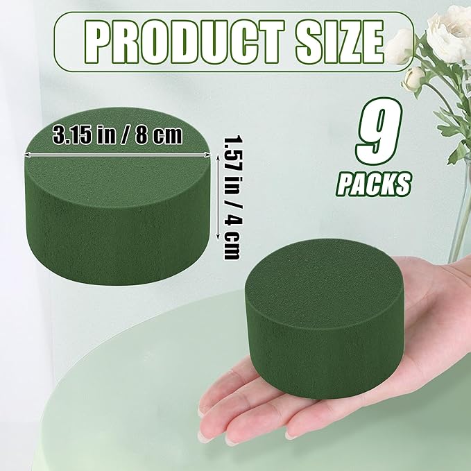 9 Packs Round Floral Foam Blocks Green Wet Dry Flower Foam Bricks 3.15 Inch DIY Flower Arrangement Supplies Kit Florist Block for Aisle Flowers Wedding Party Decorations