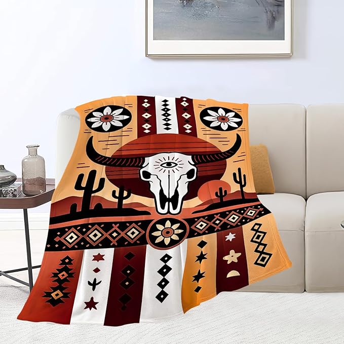 Western Boho Bull Skull Blanket Southwest Aztec Tribal Southwestern Navajo Throw Blanket Soft Cozy Fleece Fuzzy Stuffed Plush Flannel Gifts for Girls Women Boys Kids Adults 60''x80''