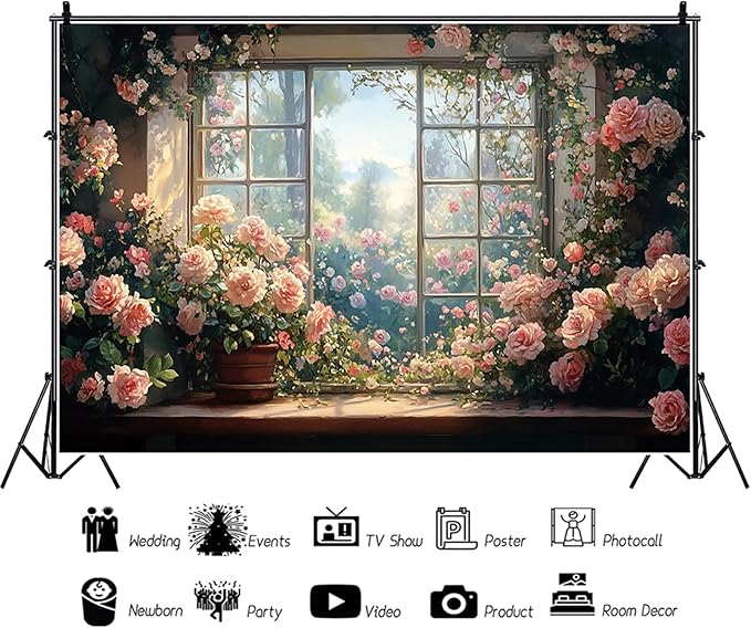 Baocicco 12x10ft Window Floral Backdrop Photography Flowers Wedding Bridal Shower Photography Background Retro Oil Painting Flower Banner for Girls Women Birthday Newborn Party Decorations Props
