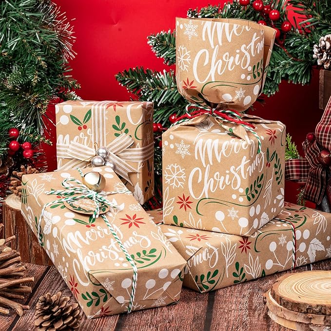 WRAPAHOLIC Kraft Christmas Wrapping Paper - Mini Roll - 17 Inch x 33 Feet - Merry Christmas Wrapping Paper with Leaves Design for Holiday, Party Celebration
