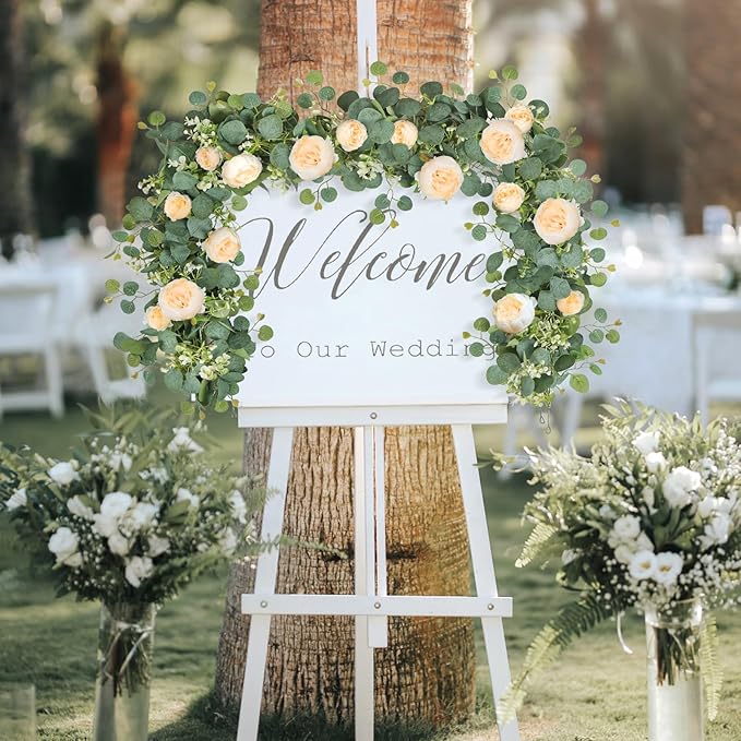 SOMYTING Artificial Flower Garlands Eucalyptus Garlands with Flowers Rose Peony Flower Vine Faux Floral Garland for Wedding Party Arch Table Wall Backdrop Decoration (Champagne, 4PCS)