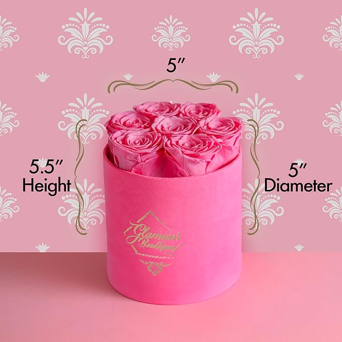 GLAMOUR BOUTIQUE Eternal Preserved Roses in a Box - Flowers Forever, Rose Forever in a Box for Wife, Birthday Gifts for Her, 7 Roses, Velvet Pink