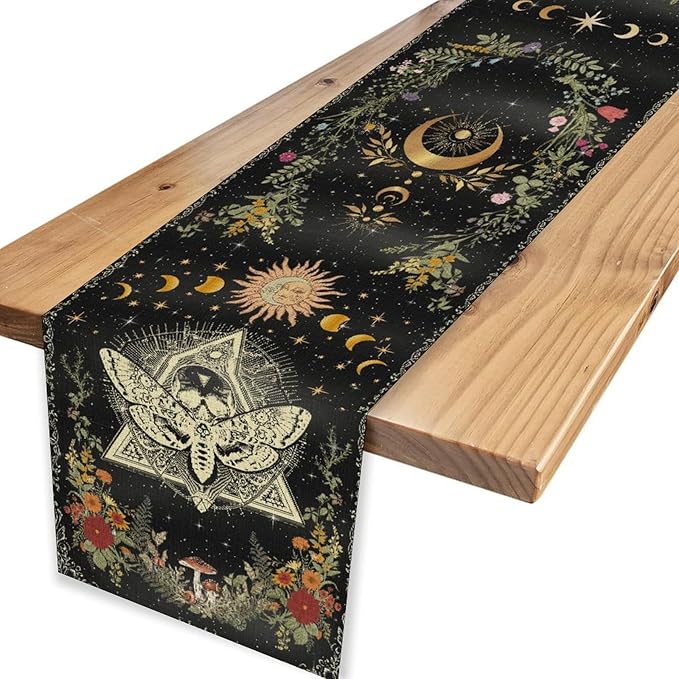 Gothic Moth Table Runner, Boho Gothic Sun Moon Phase Wildflower Mystical Witchy Farmhouse Coffee Table Center Decor for Home Kitchen Dining Patio Holiday Party Table Decorations 13x36 inches