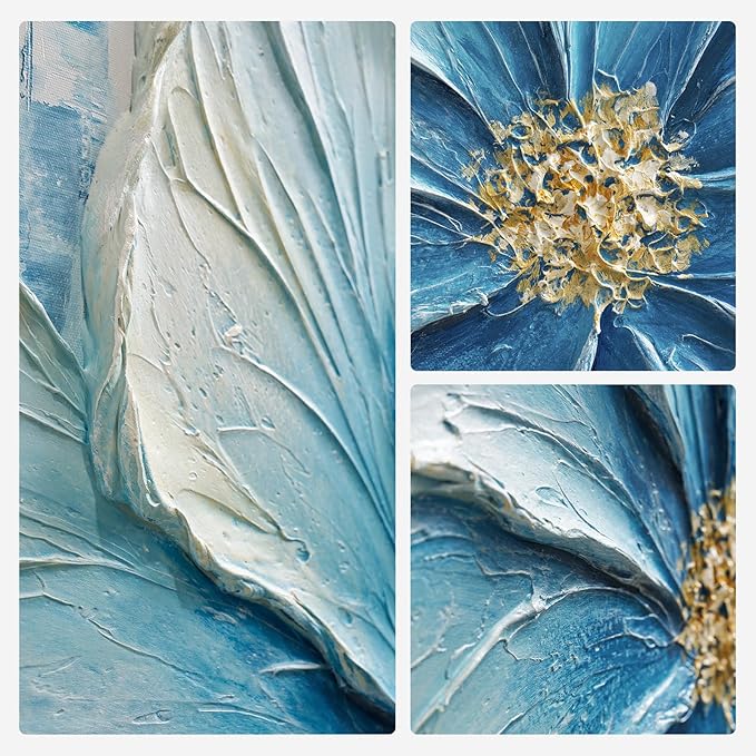 JUHOME Hand-Painted Blue Floral Canvas Wall Art, 24x36 In Thick Textured Abstract Oil Painting, Vertical Modern Artwork for Living Room, Bedroom, Office, Large Original Wall Decor
