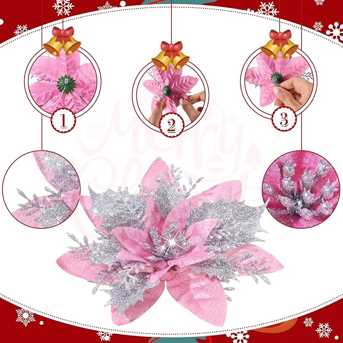 36 Pcs Christmas Glitter Artificial Poinsettia Flowers Xmas Poinsettia Artificial Wedding Flowers Decorations Xmas Tree Ornaments with Clips for Party, 6 Inch, 4 Inch, 3 Inch(Peach Pink, Silver)