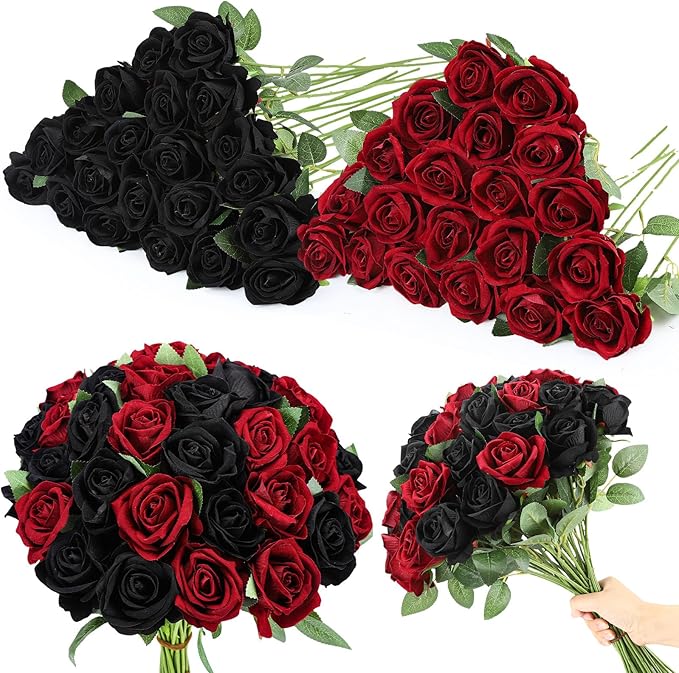 80 Pcs Roses Artificial Flowers, Silk Black & Red Artificial Flowers Petals Long Stem Roses for Wedding Bouquet Home Party Decor