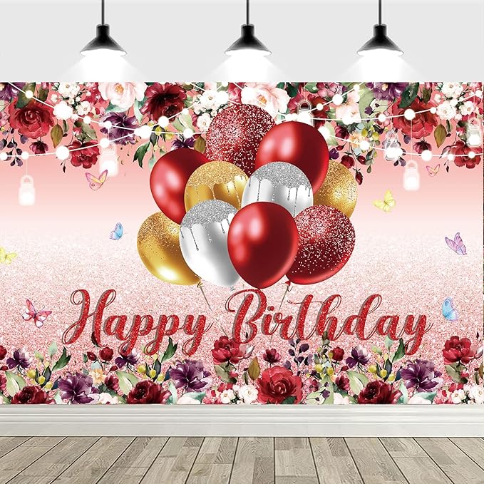 YinQin 180x120 cm Red Golden Flower Happy Birthday Party Photo Backdrops Cloth 71x47 inch Bday Photography Backgrounds Glitter Flower Golden Happy Birthday Sign Banners Decorations for Women Girl