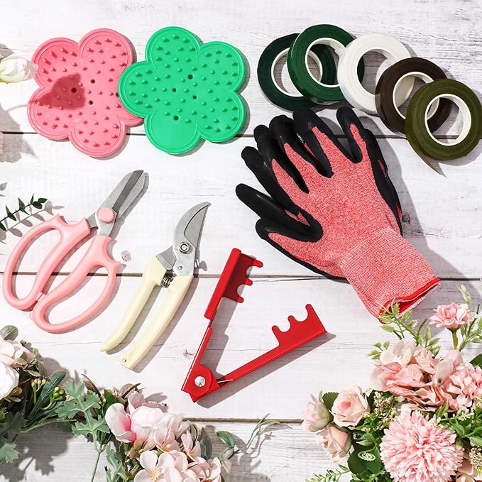 WILLBOND 121 Pcs Floral Arrangement Tool Kit Rose Thorn Remover Pruner Trimmer Gloves 22/26 Gauge Paddle Tie Stem Pearl Corsage Pin Pruning Shears, Florist Garden Tool Gift Kit for Women(Bright Color)