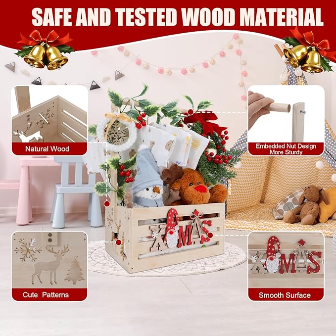 XIANMEI Christmas Wooden Baby Shower Crate Closet, Baby Basket With Artificial Garland Wreath & Accessories - Baby Shower Basket for Newborn Boys Girls, Pregnancy Gifts for New Parents (XMAS)