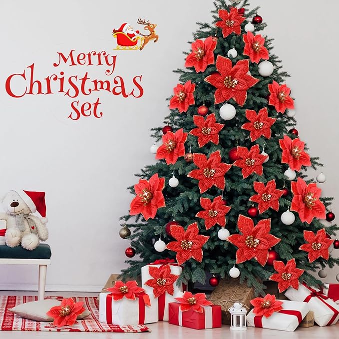 WILLBOND 24 Pcs 3 Size Poinsettia Flower Artificial Christmas Decor Glitter Poinsettia Christmas Ornaments Faux Flowers for Xmas Tree Outdoor(4/6/7.9 Inches,Red)