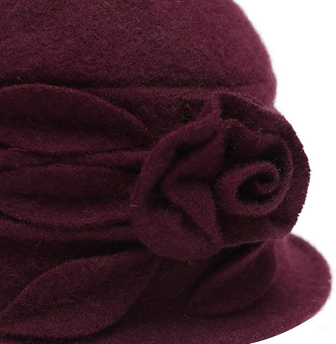 ZLYC Women Wool Cloche Bucket Hat 1920s Vintage Dress Winter Hats with Flower Accent