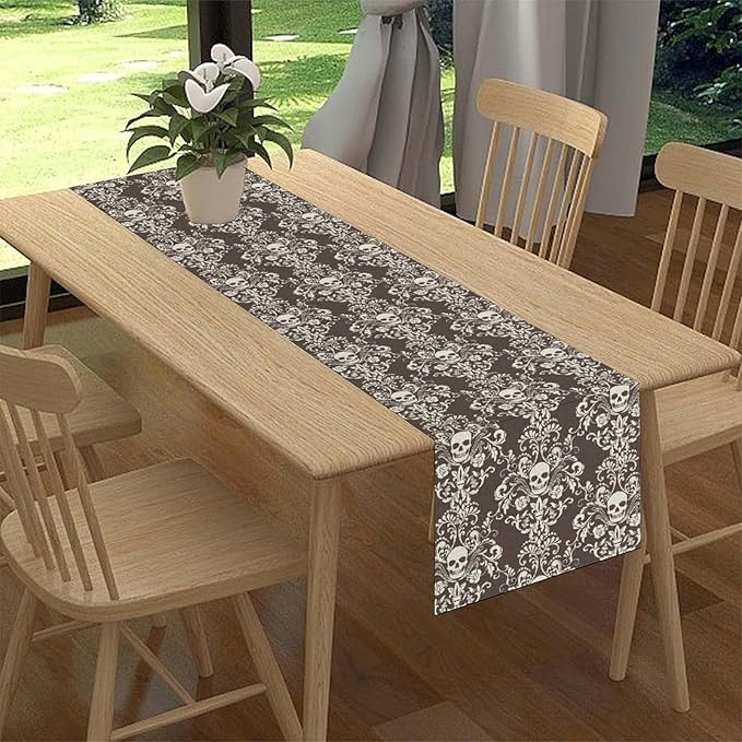 Vintage Gothic Table Runner, Retro Baroque Luxury Dark Skull Day of Death Witchy Coffee Table Center Decor for Home Kitchen Dining Patio Holiday Party Table Decorations 13x36 inches