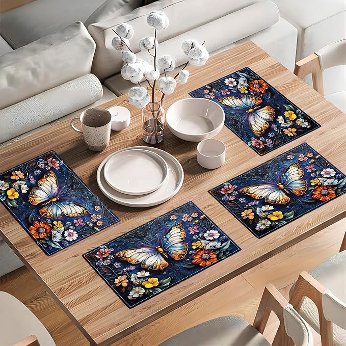 Colorful Butterfly Placemats Set of 4, Spring Place Mats, Florals Dining Table Mats, Rustic Washable Placemats for Kitchen Dining Room Home Decor 18L'' × 12W''
