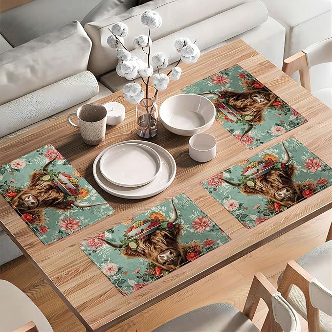 Highland Cow Placemats Set of 4 Farmhouse Flower Cattle Fruits Placemats Funny Animal Table Mats Wildlife Farmhouse Cow Place Mats for Party Kitchen Dining Decoration 4 PCS