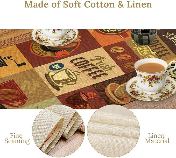 Vintage Coffee Theme Table Runner Cups of Coffee Beverage Mugs Seasonal Dinner Runner Table Decoration for Farmhouse Cabin Home Kitchen Dining Holiday Party 13x108in