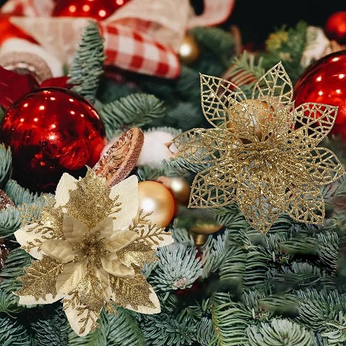 24Pcs Christmas Poinsettia Artificial Flowers and Glitter Berries Kit, 2 Styles Total 16Pcs Christmas Tree Flowers Ornaments, 8Pcs Christmas Tree Picks for Wedding Holiday Decorations, Gold