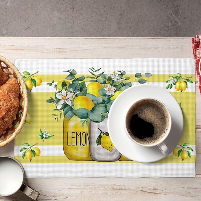 Lemon Kitchen Table Placemats Set of 6 Retro Country Floral Plant Print Placemat Indoor Outdoor Party Home Desktop Dining Room Decor 12x18 Inch