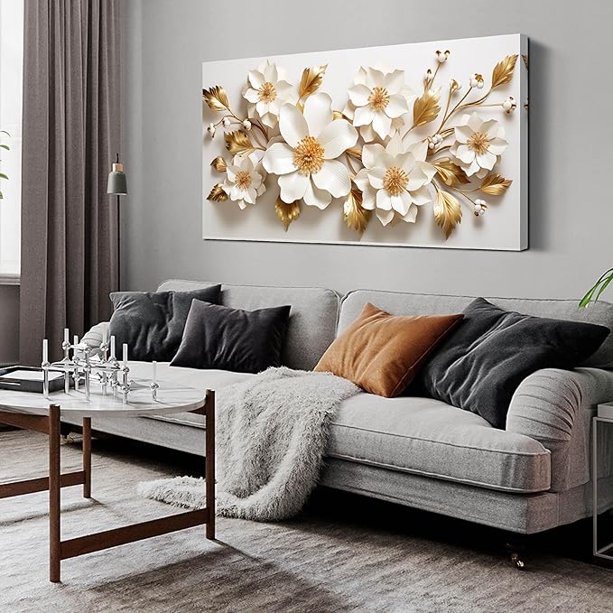 JuhaiArt Gold Wall Decor White 3D Floral Wall Art Elegant Flower Canvas Decor for Bedroom Living Room Office Picture Artwork 24" x 48"