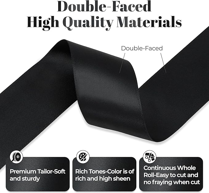Black Satin Ribbon, Double Faced 1-1/2 Inch X 25 Yards Black Ribbon, Premium Satin Ribbon for Gift Wrapping, Crafts, Hair Bow Making, Sewing, Flower Bouquet, Wedding Party Decor