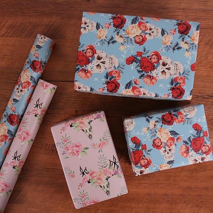 Aimyoo Blue Red Floral Kraft Wrapping Paper Roll, All Occasion Skull Flower Gift Wrap Paper for Birthday Bridal Shower 17 in x 10 ft