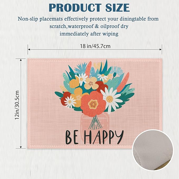 Blooming Wildflowers Placemats Set of 4, Be Happy Place Mats Non-Slip Heat Resistant Washable Placemat for Party Kitchen Dining Table Decoration Indoor Outdoor 12x18 Inch