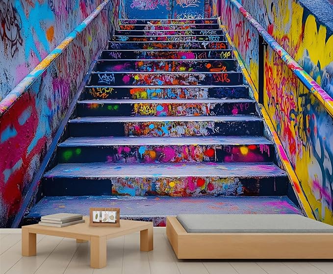 Graffiti Staircase Wall Mural, Urban Street Art 3D Wall Murals, Modern Hip-Hop Colorful Graffiti Steps Wallpaper Mural, for Living Room Bedroom Large Wallpaper Indoor Decor 78.7" W x55.1 H