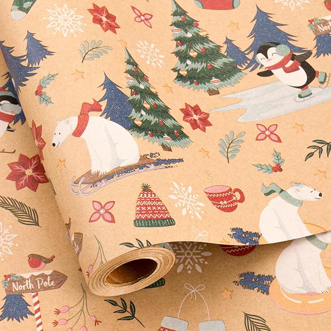 MAYPLUSS Christmas Wrapping Paper Roll - 17IN X 33FT - Kraft Gift Wrapping Paper Featuring Cute Polar Bear Penguin Christmas Tree Holly Reversible Cut Lines for Kids, Holiday, New Year