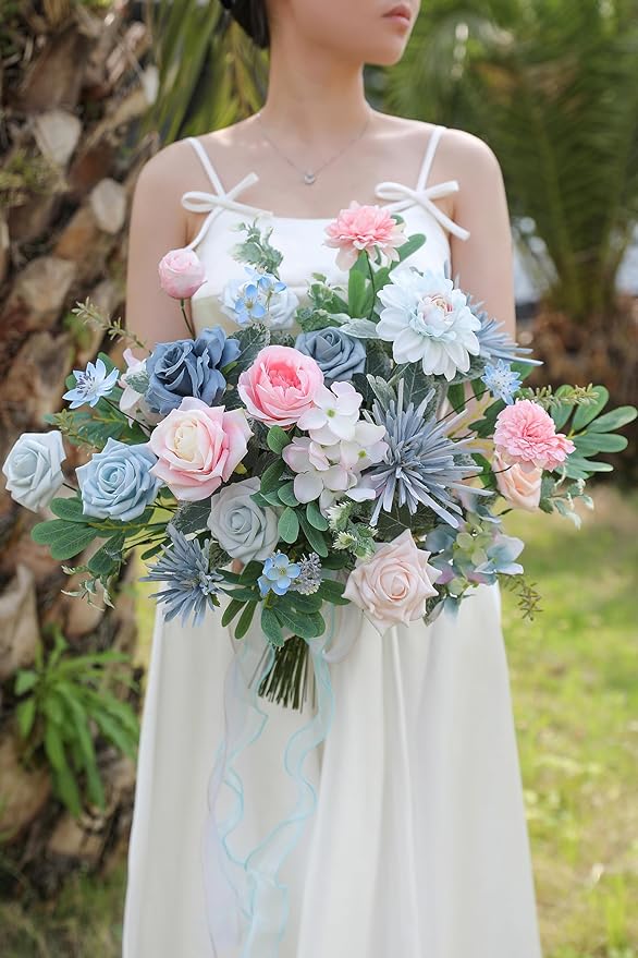 Blue Pink Artificial Flowers Set - Fake Roses, Peonies, Silk Flowers with Stems for DIY Wedding Bouquets,Floral Arrangement,Table Centerpieces,Baby Shower, Home Decor