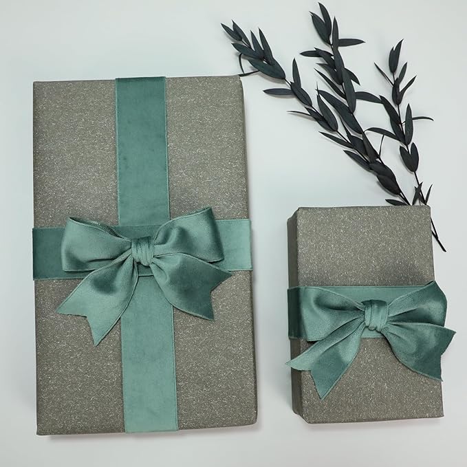 Sage Green Velvet Ribbon, 1-1/2 inch Wide Handmade Fabric Ribbons for Christmas Decor, Flower Bouquet, Wedding Decoration, Baby Shower, 2 Rolls