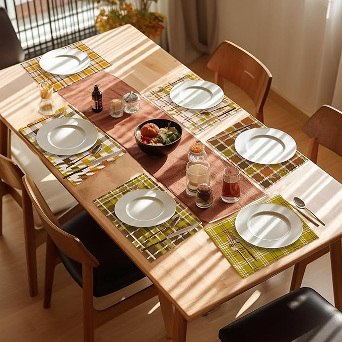 Fall Plaid Placemats Set of 6,Washable Heat Resistant 12×18 Inch Linen Table Mats, Place Mats for Thanksgiving, Christmas, Autumn Dining Decor