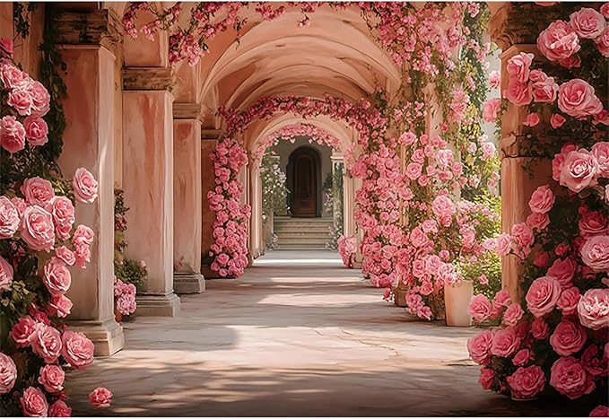 Baocicco 15x10ft Pink Flowers Backdrops for Photoshoot Rose Arch Corridor European Carving Wall Photo Background for Women Bridal Shower Birthday Marriage Valentines Mothers Day Backdrop Decorations