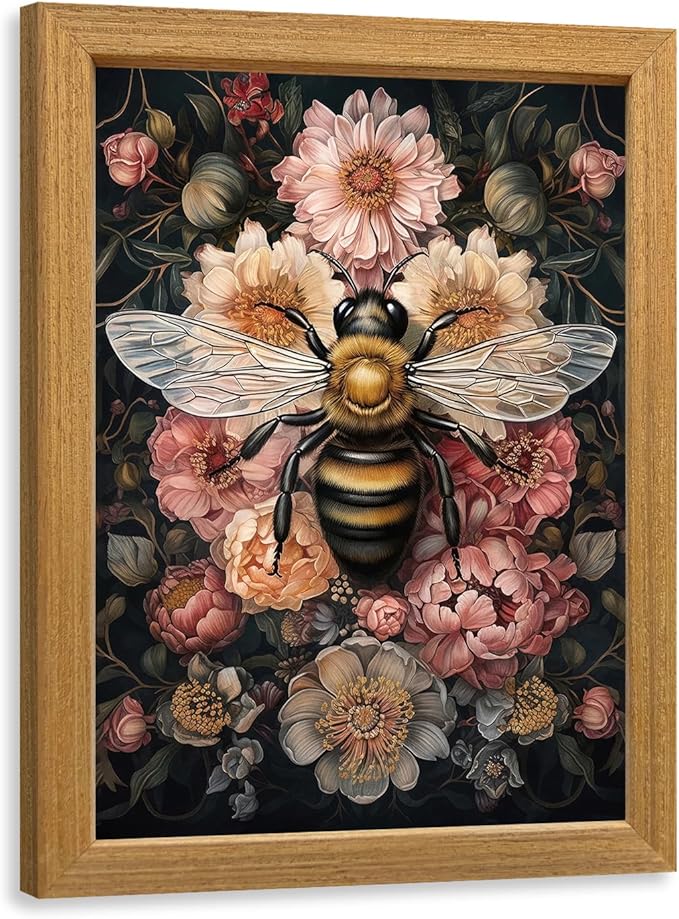 LLEEMPI William Morris Wall Art, Vintage Bee Floral Wall Decor, Insect Flower Canvas Painting, Abstract Nature Botanical Poster Print for Living Room Bedroom Kid Room Hallway Wood Framed 8x10 inch