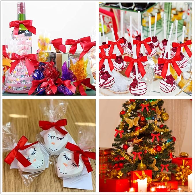 50 Pack 3" Red Ribbon Twist Tie Bows, Pre Tied Bows for Gifts, Bow Ties for Bags, Twist Bows for Treats, Bow Twist Ties, Ribbon Bows with Twist Ties, Pretied Bows for Lollipops, Cake Pops