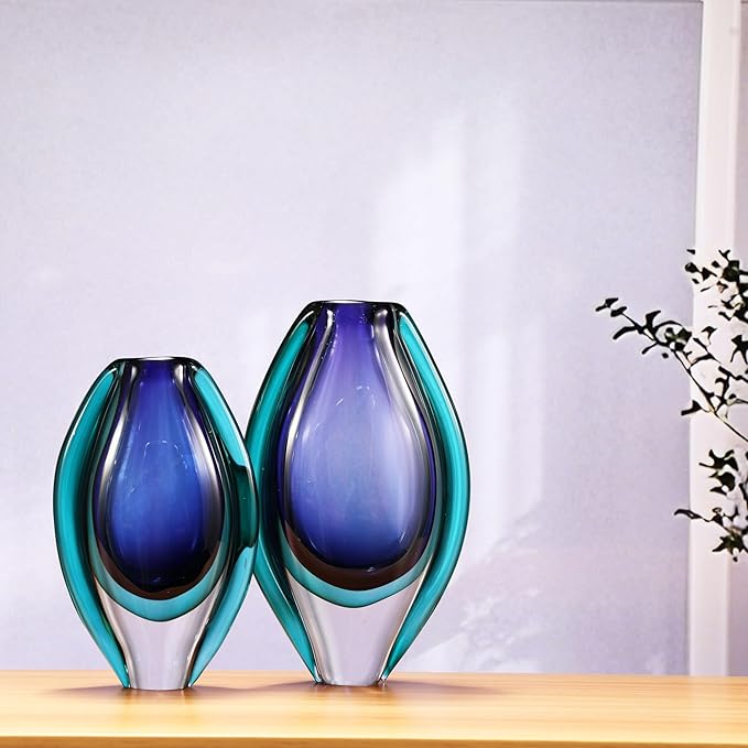 Luxury Lane Hand Blown Sommerso Oval Art Glass Vase for Decor 8.5 inch Tall Centerpiece Table Decoration London Blue