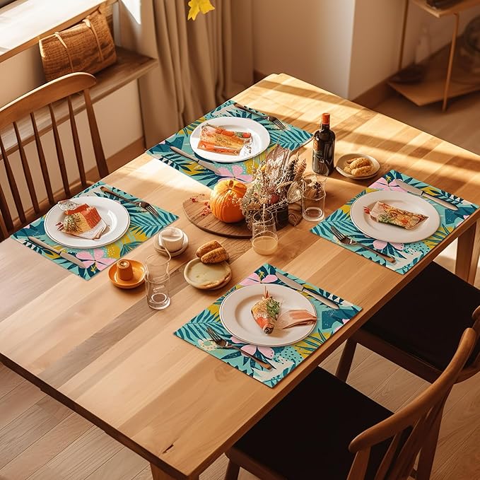 Boho Foliage Botanical Placemats Set of 4, Tropical Palm Leaves and Floral Place Mats Heat Resistant Washable Non-Slip Table Mats for Party Kitchen Dining Decor 12x18 Inch