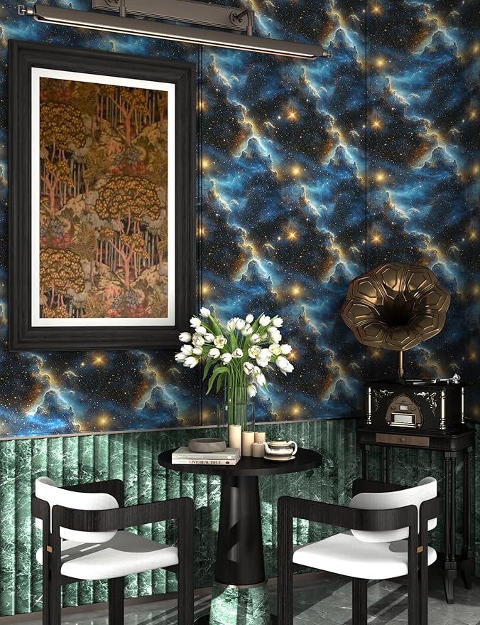 Starry Night Sky Wallpaper Peel and Stick 17.4" x 118" Dark Blue Galaxy Contact Paper Modern Space Wallpaper for Bedroom Cabinet Bathroom Home Decor
