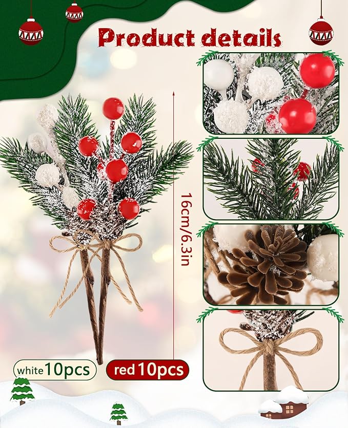 20 Pack 8inch Artificial Christmas Floral Picks, Red and White Fake Berry Picks Stems, Pine Branches Pick, Faux Floral Pick with Pinecones Holly Leaves for Vase Floral Arrangement Wreath Decor Crafts