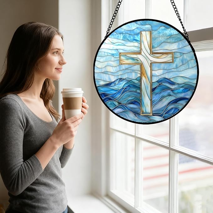 Christian Gifts for Women - Blue Cross Stained Glass Window Hanging Jesus Easter Ocean Waves Sun Catcher Garden Religion Decor Mother's Day Catholic Gift for Men Grandma Mom Her Nana 7.8"
