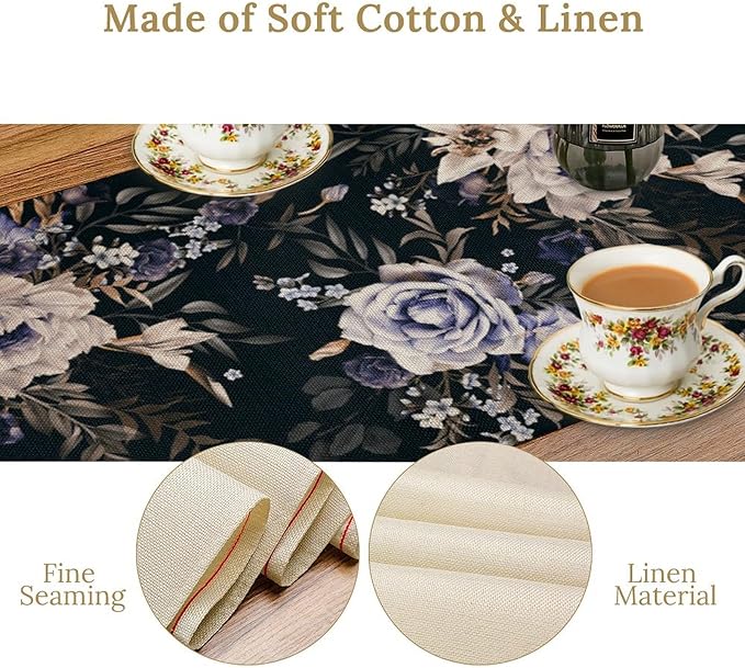 Dark Botanical Table Runner, Gothic Vintage Purple Garden Flowers Herbs Print Print Table Cover for Kitchen Dining Home Decor Wreath Party Decoration, 13x120inch