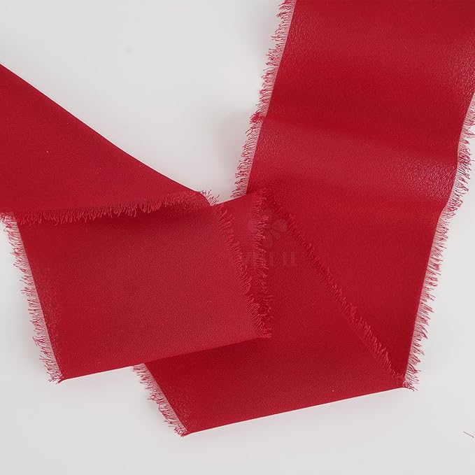 MEEDEE Red Chiffon Ribbon 3 Inch Frayed Ribbon Chiffon Silk Red Fringe Ribbons Wide Chiffon Ribbons for Crafts, Flower Bouquet, Wedding Favors Wrapping (2 Rolls 10 Yards)
