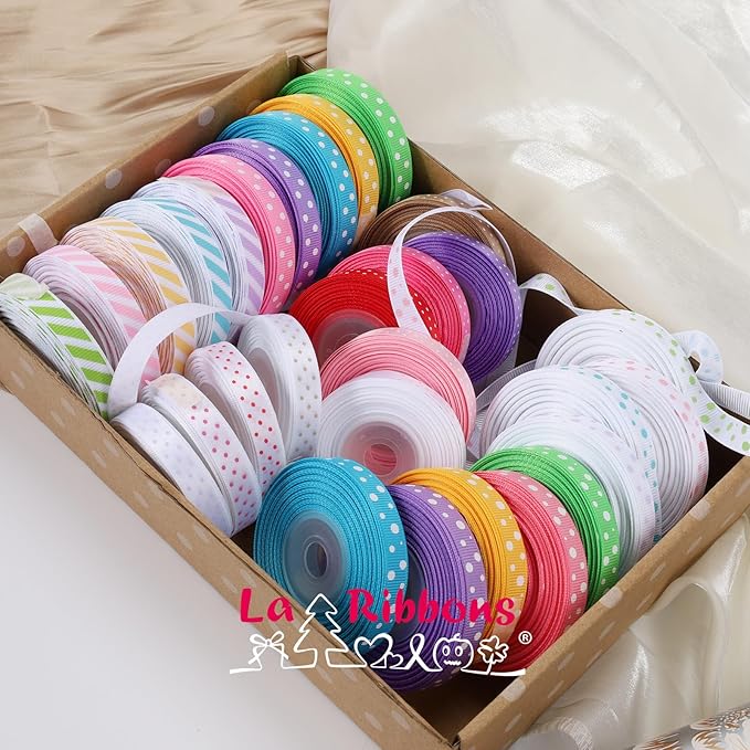 LaRibbons 3/8 Inch 100 Yards Grosgrain Ribbon Set 10 Yd/Roll 10 Rolls Spring Easter Craft Ribbon for Gift Wrapping Floral Bouquets Wedding Party Decoration