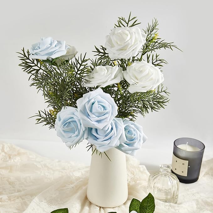 Artificial Flowers, 50pcs Blue Artificial Rose for DIY Wedding Bouquets Centerpieces Arrangements, Fake Flower with Stems for Party Home Decorations