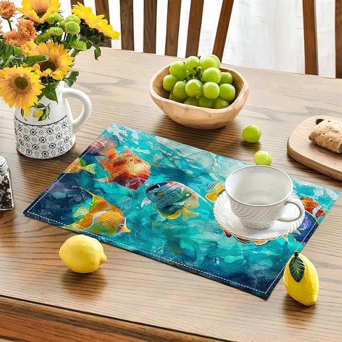 Fishing Placemats Set of 4 Colorful Fish Place Mats Heat Resistant for Dining Table Ocean Animals Fishes Waterproof Washable Table Mats Kitchen Dining Decoration 4 PCS