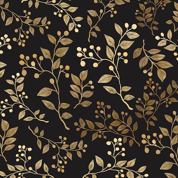 Extra Long Dark Floral Peel and Stick Wallpaper 17.5In x 32.8Ft, Vintage Self-Adhesive Contact Paper for Bedroom Stair Shelves Drawer – Boho Removable Vinyl Leaf Wall Paper in Black and Gold