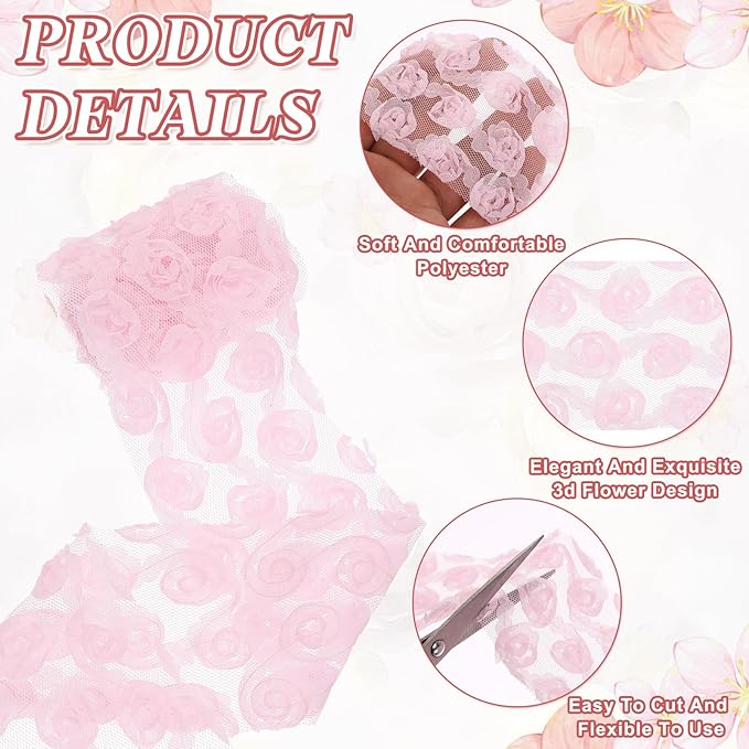 uxcell 2PCS Lace Trim Ribbon, 2.36 inch - 1 Yard 3D Rose Floral Embroidery Ribbons Edge Trimming for Sewing, Wedding Dress, DIY Crafts, Decoration Accessories, Light Pink