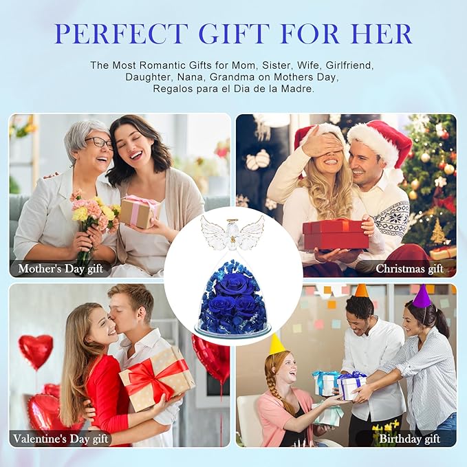 FIACO Preserved Flower Rose Gifts for Women, Forever Eternal Fresh Flowers in Glass Angel Figurines Flowers for Delivery for Grandma Mom Sister Her Wife on Mothers Day Birthday Christmas