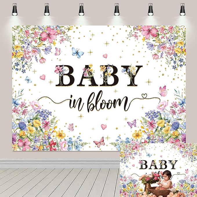 Baby in Bloom Backdrop Wildflower Baby Shower Party Photography Background Spring Floral Gold Glitter Butterfly Banner for Girls Baby Shower Newborn Birthday Party Decorations (94X70 inch (8x6FT))