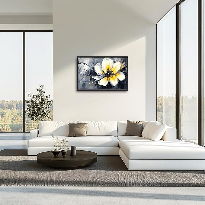 Abstract Flower Large Wall Art Framed Wall Decor for Living Room Black and White Floral Pictures Oversized Canvas Print Painting Modern Extra Large Artwork for Bedroom Office Home Decor 36"x24"