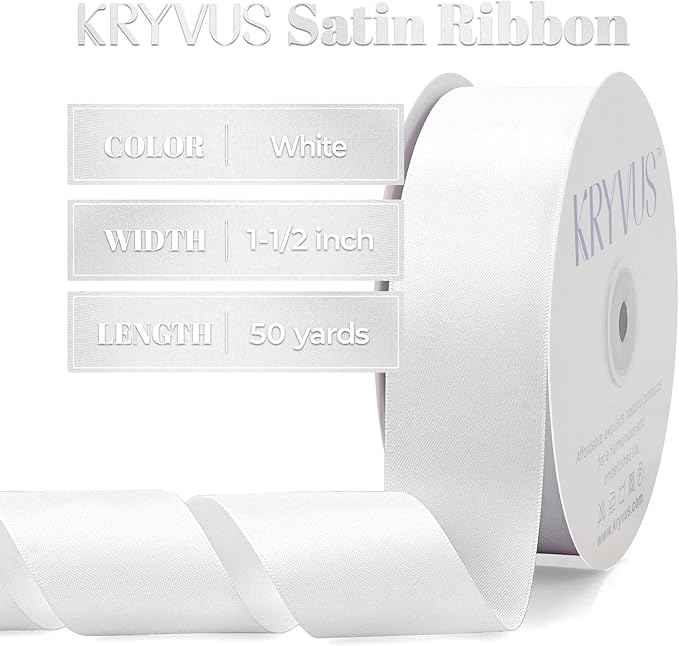 White Satin Ribbon, Double Faced White Ribbon 1-1/2 Inch X 50 Yards Premium Satin Ribbons for Gift Wrapping, Crafts, Hair Bow Making, Sewing, Flower Bouquet, Wedding Party Decor